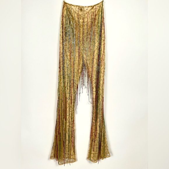 Nasty Gal Yellow Tan Tassel Beaded Sequin Flare Pants NWT sz 8 - Picture 12 of 15